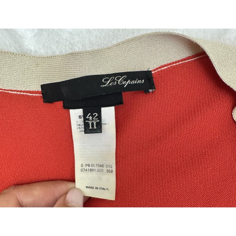 Les Copains Women's Scarlet Cream Trim V-Neck Cuffs 3/4 Sleeve Knit Sweater Sz 6 - Picture 6 of 13